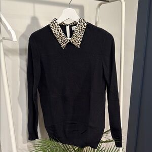 J. Crew Factory Waffle Black Sweater with Leopard Print Collar
